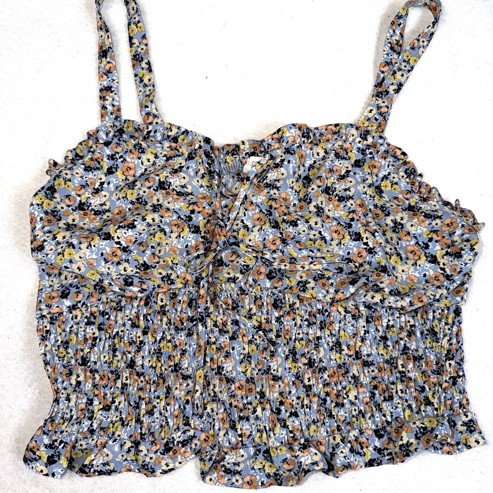 Sienna Sky Women's Floral Smocked Crop Top Blue Orange Ruffle Tie Front Size L